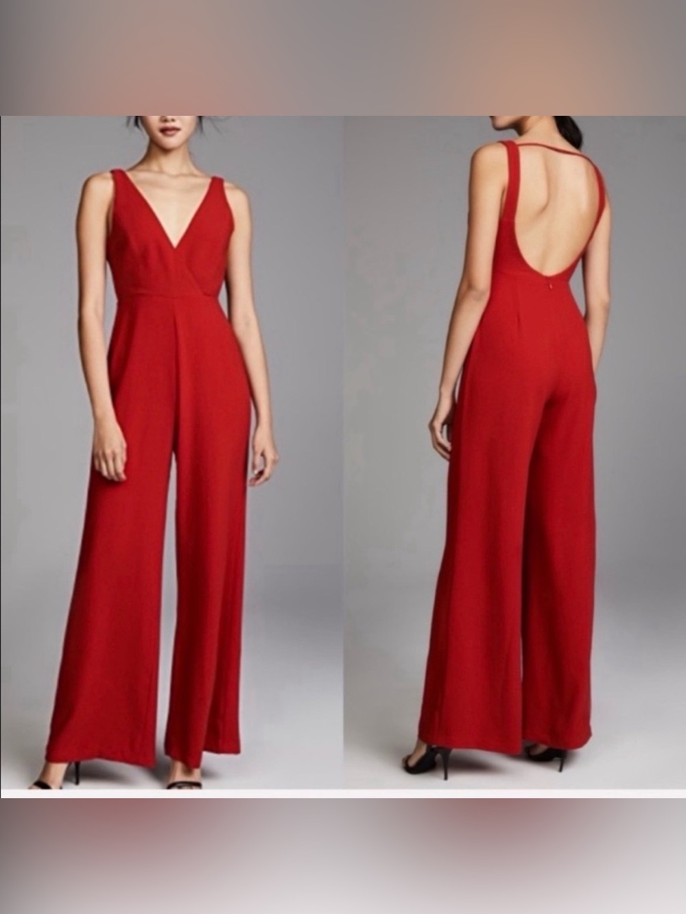 Women's Red V-Neck Wide-Leg Backless Jumpsuit